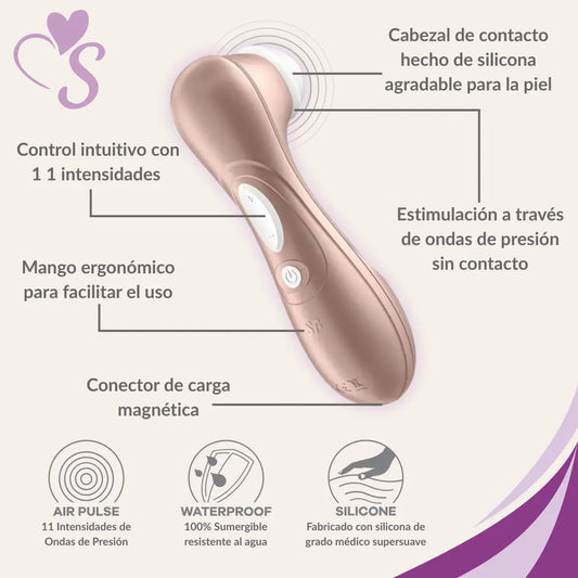 Satisfyer Pro 2 color oro rosado mostrando sus características generales