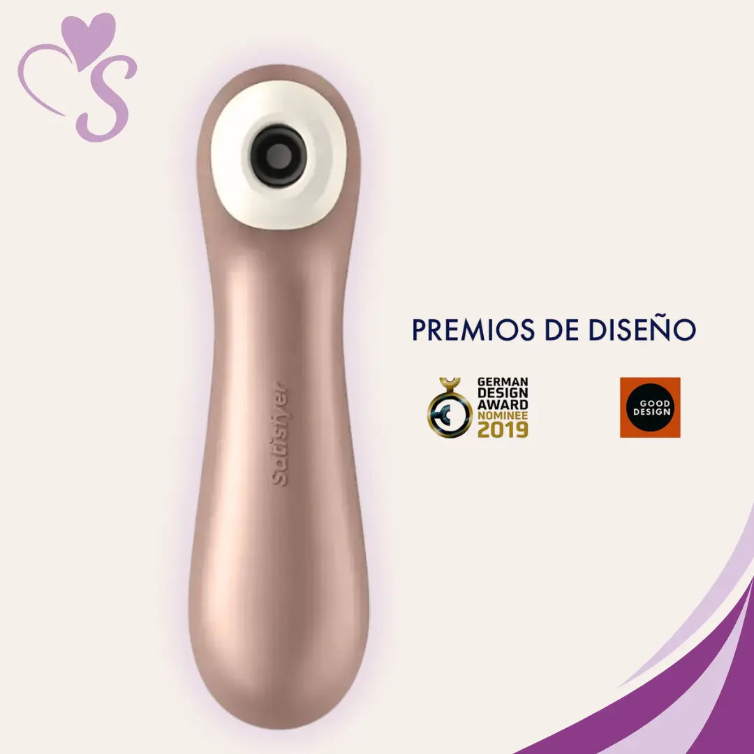 Satisfyer Pro 2 + plus color oro rosado vista frontal completa junto con iconos de premios de diseño