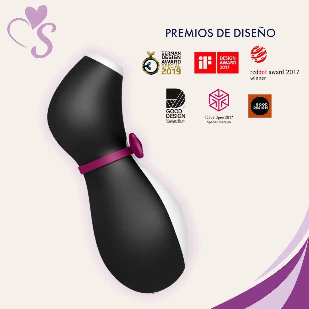 Satisfyer Penguin color negro con blanco vista lateral completa junto con iconos de premios de diseño
