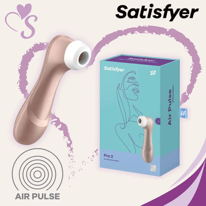 Satisfyer Pro 2 color oro rosado junto con caja de color azul, Air Pulse
