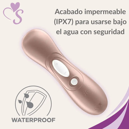 Satisfyer Pro 2 color oro rosado vista trasera completa, acabado impermeable IPX7 para usarse bajo el agua