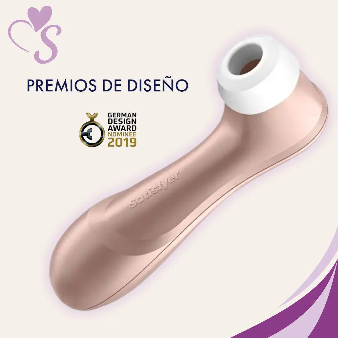 Satisfyer Pro 2 color oro rosado vista frontal completa junto con iconos de premios de diseño