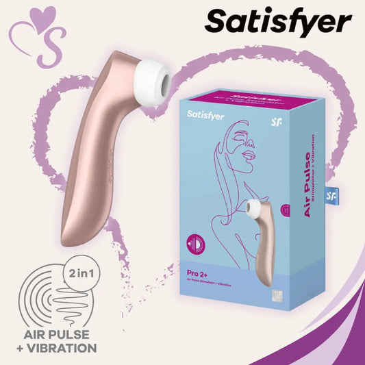 Satisfyer Pro 2 + plus color oro rosado vista lateral completa junto con caja color azul, air pulse y vibración 2 en 1