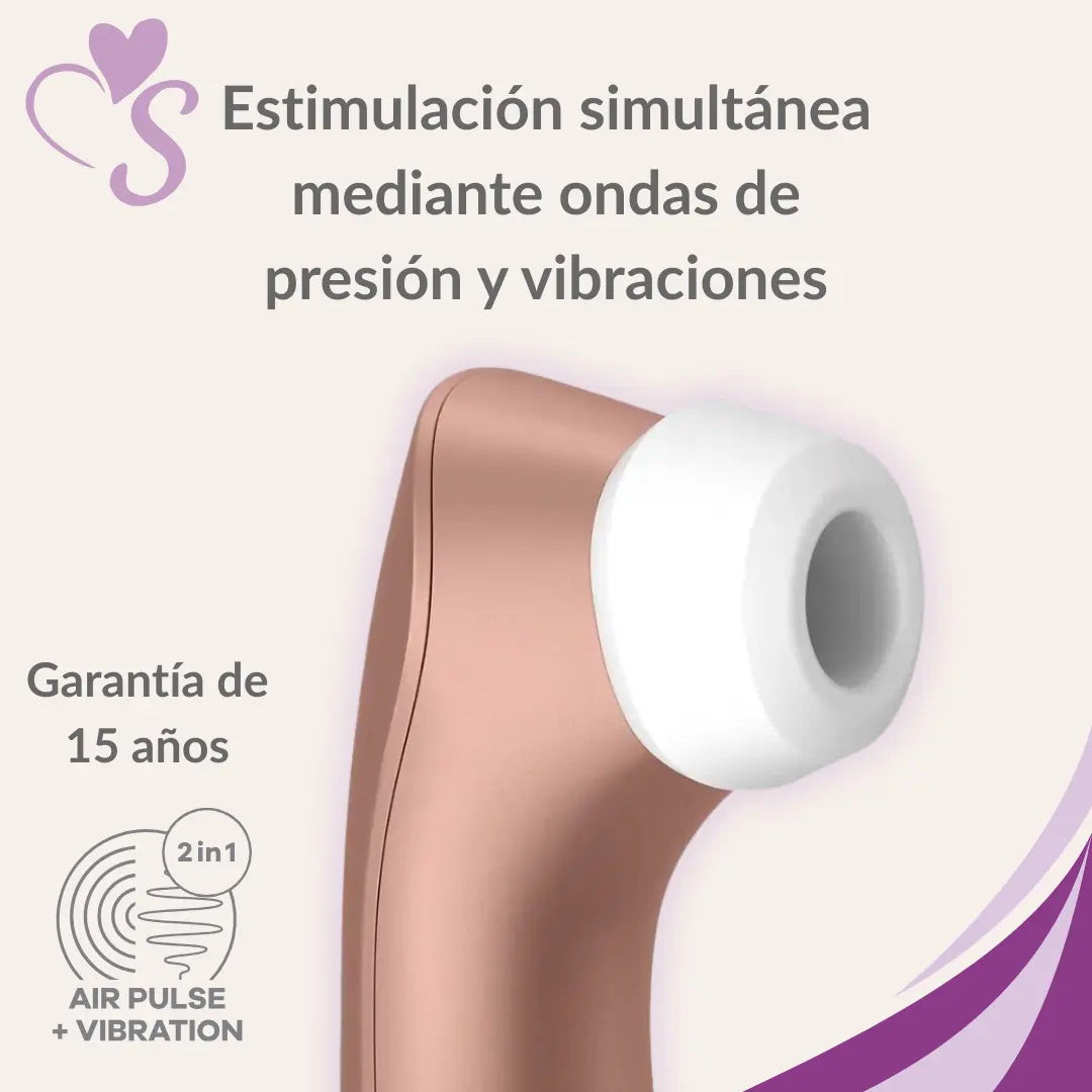 Satisfyer Pro 2 + plus color oro rosado vista lateral de la boquilla o cabezal mostrando estimulación simultanea de ondas y presión