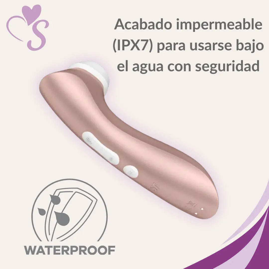 Satisfyer Pro 2 + plus color oro rosado vista trasera, impermeable IPX7 puede usarse bajo el agua