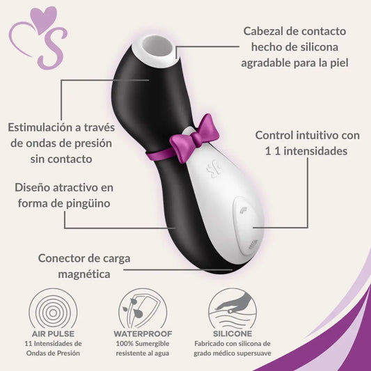 Satisfyer Penguin color negro con blanco mostrando sus características principales