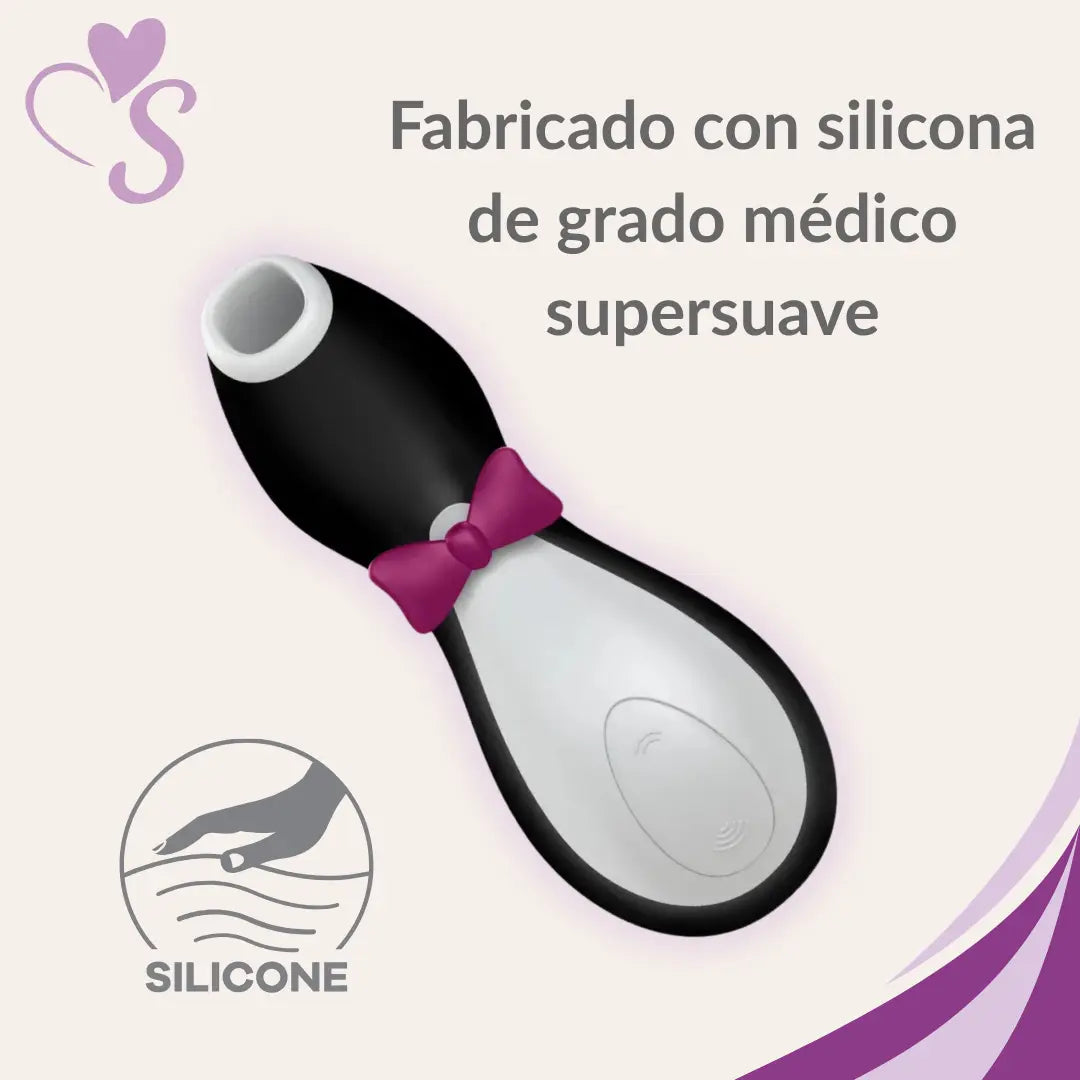 Satisfyer Penguin color negro con blanco vista frontal, fabricado con silicona de grado médico supersuave