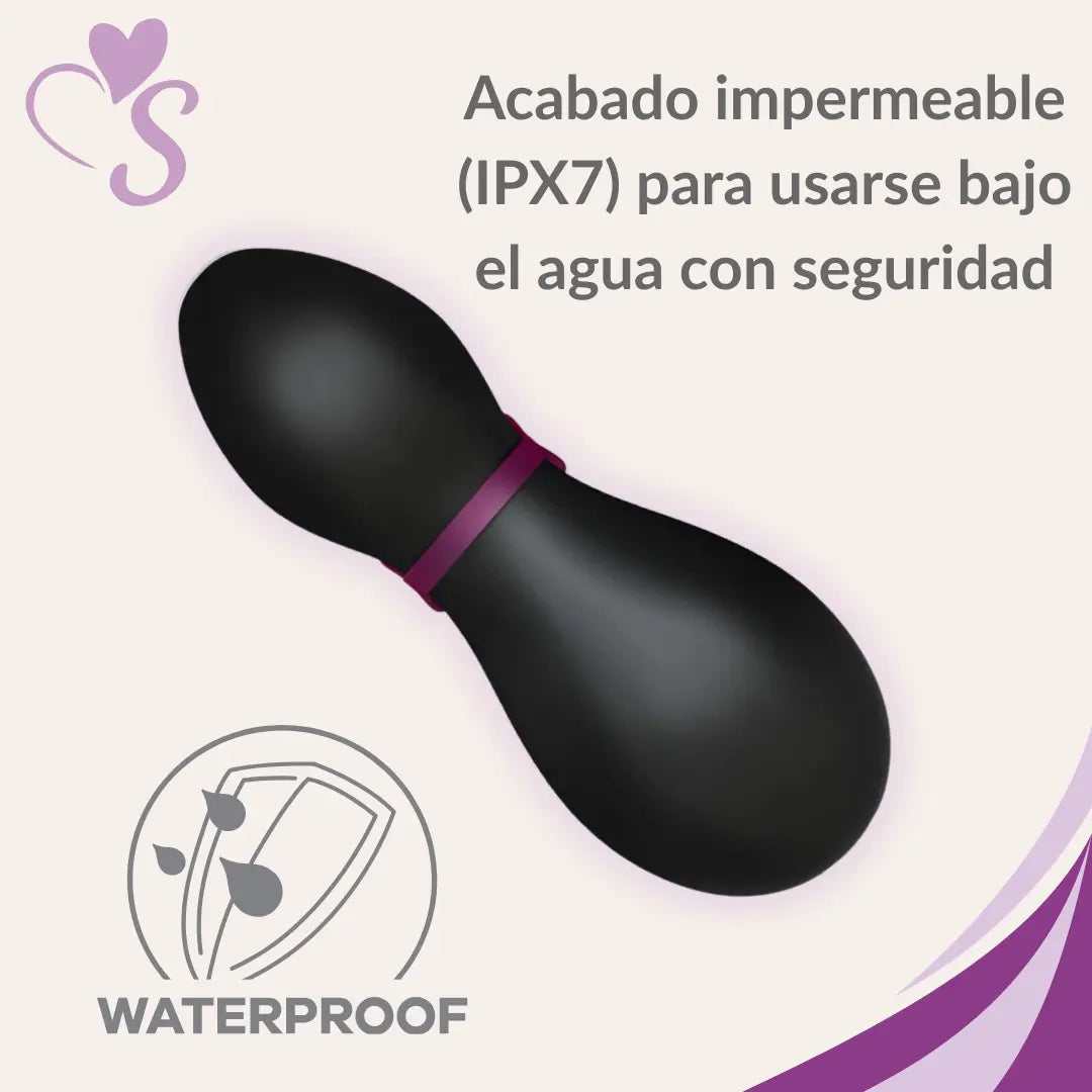 Satisfyer Penguin color negro con blanco vista trasera completa, acabado impermeable IPX7 para usarse bajo el agua