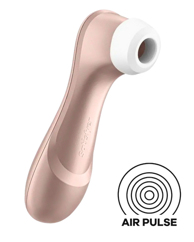 Satisfyer Pro 2 color oro rosado vista frontal completa inclinado a la derecha, air pulse