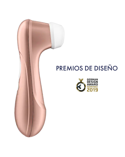 Satisfyer Pro 2 color oro rosado vista lateral completa junto con iconos de premios de diseño