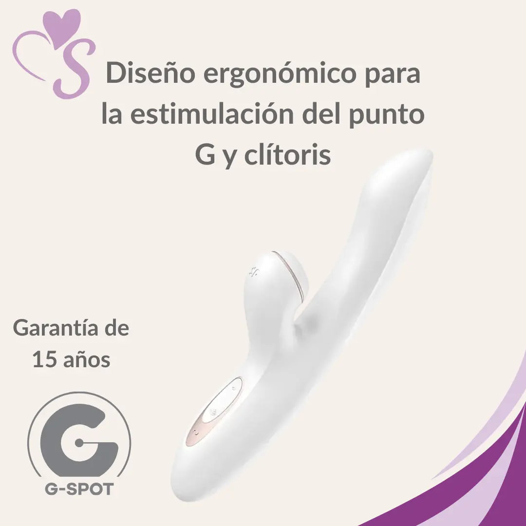 Satisfyer Pro + G-Spot color blanco vista completa lateral a la izquierda, con diseño ergonómico para estimulación del punto G y clítoris