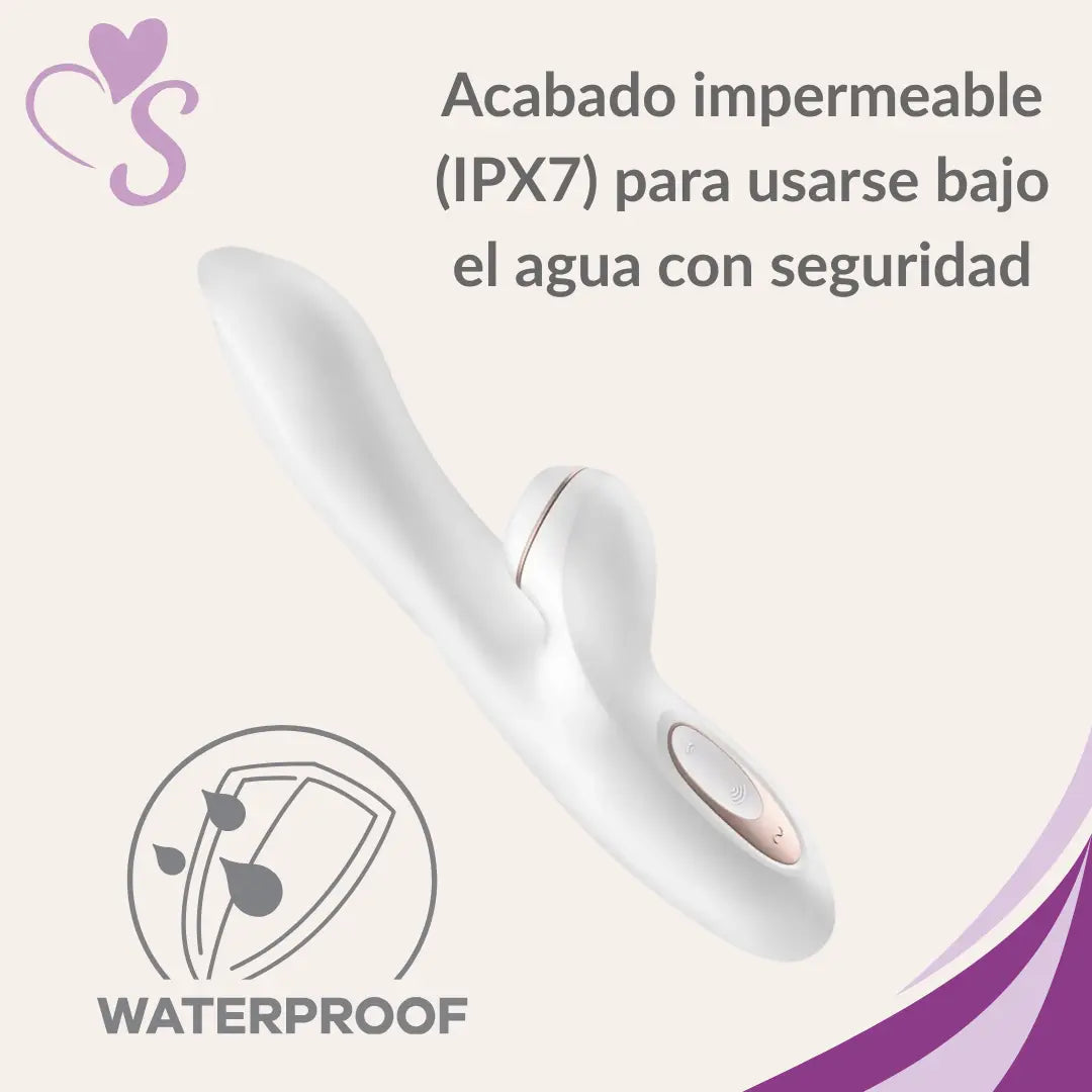 Satisfyer Pro + G-Spot color blanco vista frontal con acabado impermeable IPX7 para usarse bajo el agua