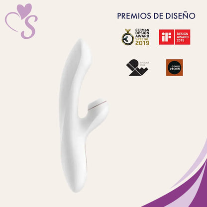 Satisfyer Pro + G-Spot color blanco vista completa lateral junto con iconos de premios de diseño