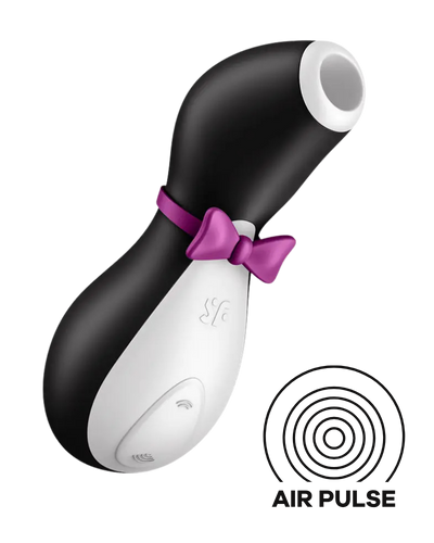 Satisfyer Penguin color negro con blanco vista frontal inclinado a la derecha